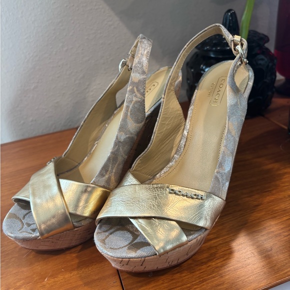 Coach Gold Wedge Sandals with Metallic Finish - Picture 1 of 5